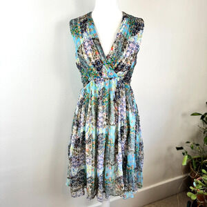 Anthropologie Paul Joe Sister XS S Silk Spring Floral Dress Wedding Blue Green